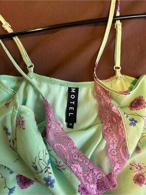 Motel Rocks Mint Green Floral Slip with Pink Lace Trim